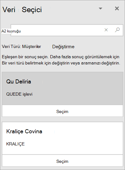 Veri Seçme Aracı bölmesinin ekran görüntüsü.