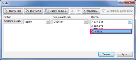 Sıralama iletişim kutusu