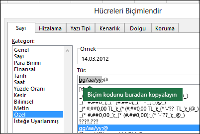 Excel'in sizin yerinize biçim dizeleri oluşturmasını sağlamak için Özel Hücre Numarasını > Biçimlendir >> iletişim kutusu örneği.