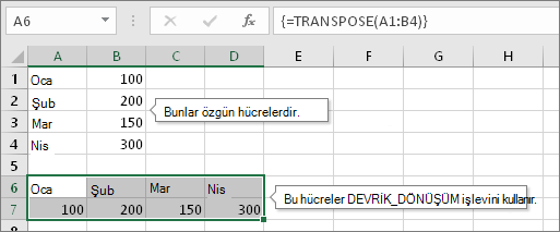 Özgün hücreler yukarıda, DEVRİK_DÖNÜŞÜM'ün kullanıldığı hücreler aşağıda