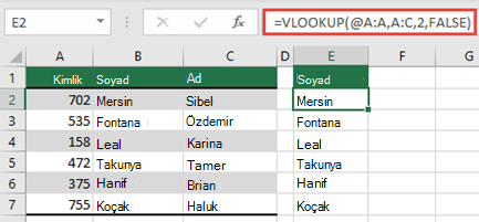 @ operatörünü kullanın ve aşağıya kopyalayın: =DÜŞEYARA(@A:A,A:C,2,FALSE). Bu başvuru stili tablolarda çalışacak, ancak dinamik bir dizi döndürmeyecektir.