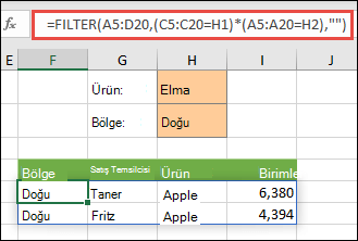 Dizi aralığımızda (A5:D20) elma içeren VE doğu bölgesinde yer alan tüm değerleri döndürmek için FİLTRE işlevini çarpma işleci ile (*) kullanma.