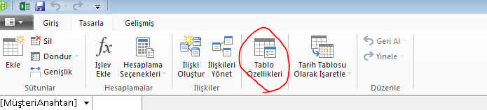 PowerPivot penceresinde Tablo Özellikleri komutunu gösteren şerit