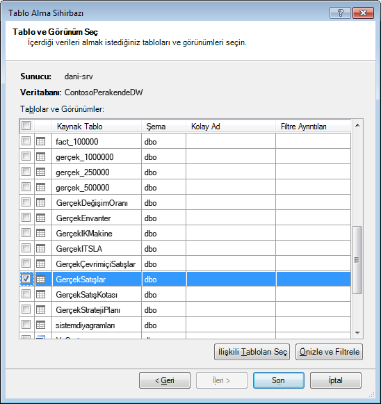 PowerPivot eklentisindeki Tablo İçeri Aktar sihirbazı