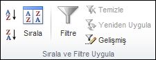 Veri sekmesinde Sıralama ve Filtre Uygulama grubu