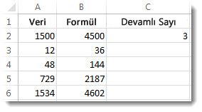 C2 hücresiyle çarpılmış ve sonuçların B hücresinde olduğu A sütunu