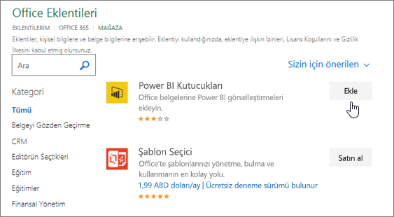 Excel için bir eklenti seçebileceğiniz veya arayabileceğiniz Office Eklentileri sayfasının ekran görüntüsü.