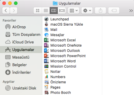 Finder Uygulamalarını >> Açma, Microsoft'u arama