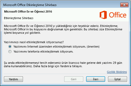 Microsoft Office Etkinleştirme Sihirbazı’nı gösterir