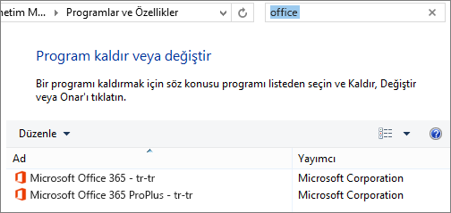 Denetim Masası'nda yüklü durumda olan iki Office kopyasını gösterir