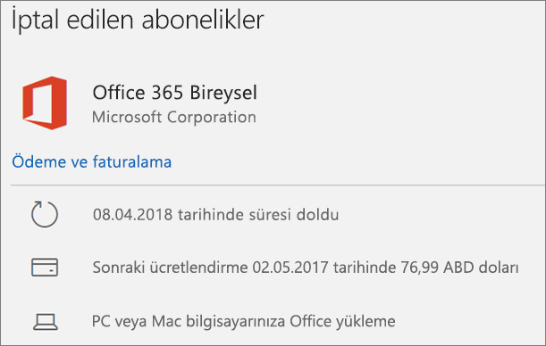 Süresi dolmuş bir Office 365 aboneliğini gösterir