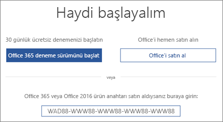 Bu cihazda Office 365 deneme sürümünün bulunduğunu belirten Başlayalım ekranını gösterir