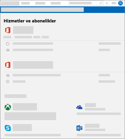 account.microsoft.com'da Hizmetler & abonelikler sayfasını gösterir