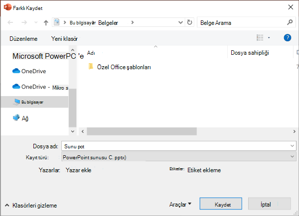 PowerPoint'in eski Farklı Kaydet deneyimi