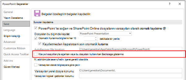 Klavye kısayollarıyla kaydederken Backstage kullanmama ayarını vurgulayan PowerPoint Seçenekleri iletişim kutusunun ekran görüntüsü