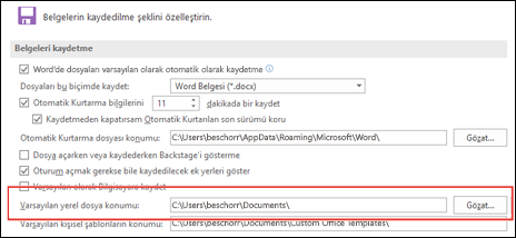 Word'de varsayılan çalışma klasörü ayarının gösterildiği Kaydet seçenekleri