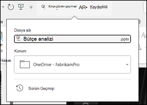 Word Office 365'da belge başlığından gelen açılan menü