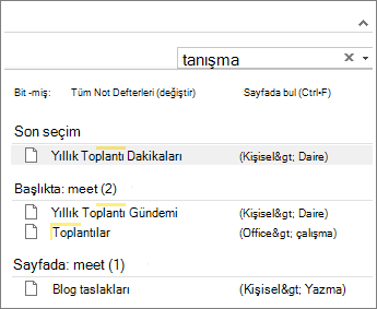 OneNote'un herhangi bir yerindeki notları aramak için Ara'yı kullanın.