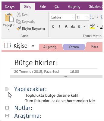OneNote 2016’da bir ana hattı daraltma işleminin ekran görüntüsü.