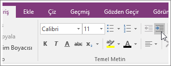 OneNote 2016’daki Girintiyi Artır düğmesinin ekran görüntüsü.