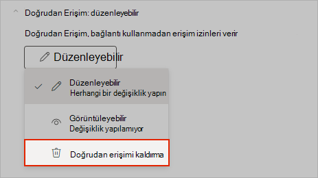 Doğrudan paylaşım erişiminin nasıl kaldırılacağını gösteren OneNote ekran görüntüsü