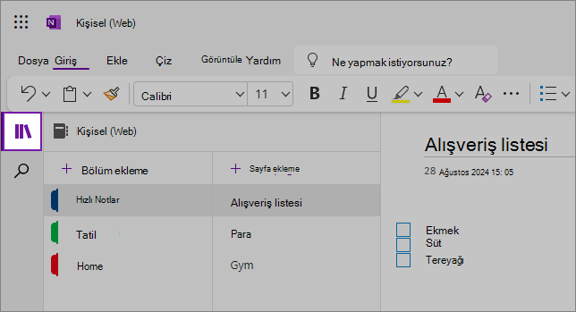 İçerik alanını gösteren OneNote web kullanıcı arabiriminin görünümü