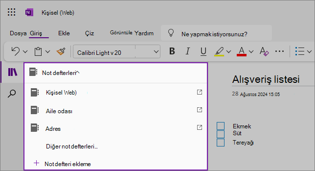 OneNote not defterleri örnek açılır listesinin ekran görüntüsü
