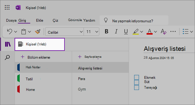 İçerik alanını gösteren OneNote web kullanıcı arabiriminin görünümü