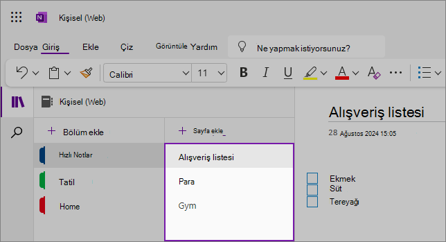 İçerik alanını gösteren OneNote web kullanıcı arabiriminin görünümü
