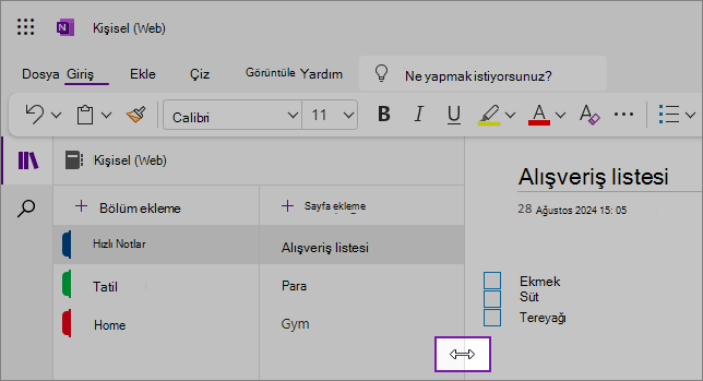 OneNote gezinti bölmelerini yeniden boyutlandırmayı gösteren ekran görüntüleri