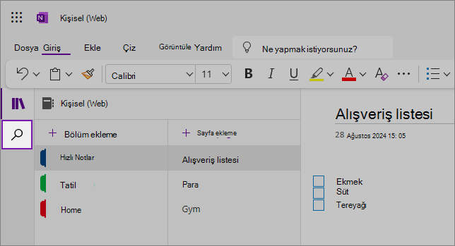 İçerik alanını gösteren OneNote web kullanıcı arabiriminin görünümü