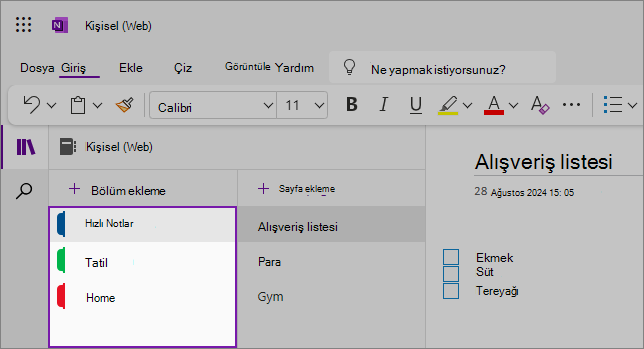 İçerik alanını gösteren OneNote web kullanıcı arabiriminin görünümü