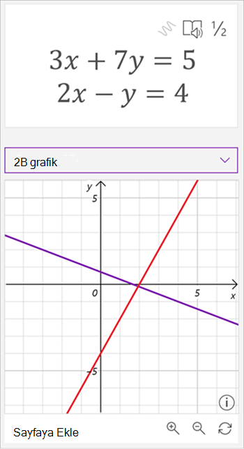 3 x artı 7 y eşittir 5 ve 2 x eksi y eşittir 4 denklemlerini gösteren, matematik yardımcı oluşturulan grafiğin ekran görüntüsü. Grafik, biri mor diğeri kırmızı olmak üzere iki kesişen çizgi gösterir.