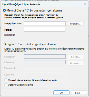 Dijital kimliği bulmak için gözatmayı seçin ve sertifikayı bu dosyaya aktarırken girdiğiniz parolayı girin