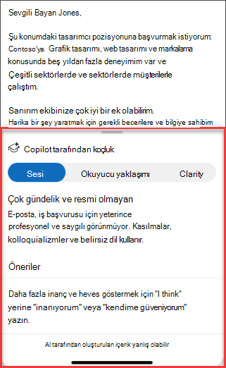 Mobil cihazlar için Outlook'ta ton, netlik ve okuyucu yaklaşımına yönelik Copilot önerileri