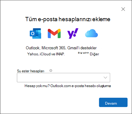 Yeni Windows için Outlook'ta hesap ekle iletişim kutusu