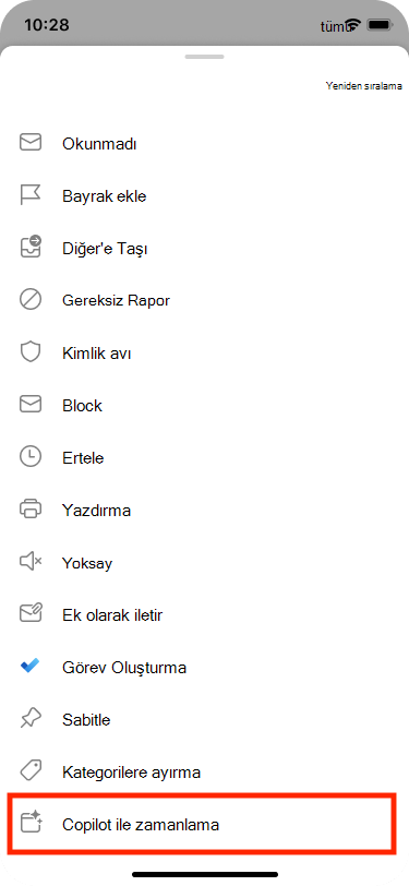 EmailEmail, diğer işlemler menüsünden seçilebilir