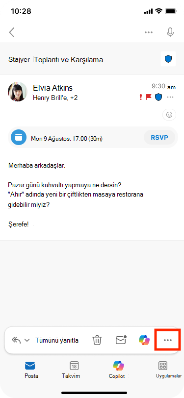 Diğer Eylemler, araç çubuğunun sağ alt kısmında bulunur Diğer Eylemler