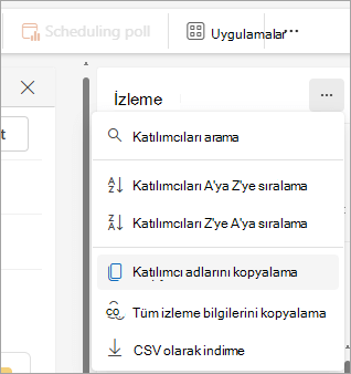 Yeni Outlook'ta katılımcı listesini kopyalamak için açılan liste seçeneklerini gösteren İzleme bölmesinin ekran görüntüsü