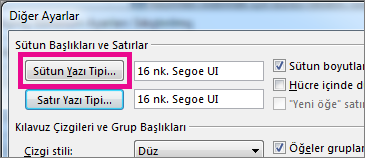 Sütun Yazı Tipi'ni tıklatın ve seçimlerinizi yapın