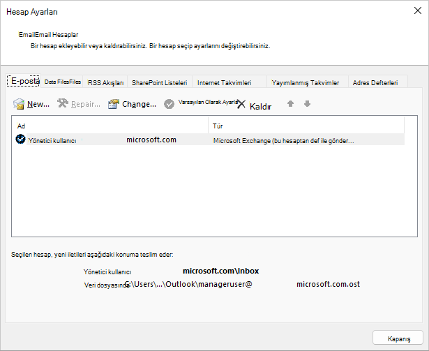 Hesap Ayarları, EmailEmail hesapları iletişim kutusunda bir ad seçin.