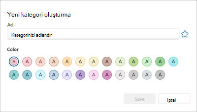 Yeni bir renk kategorisi oluşturma paneli