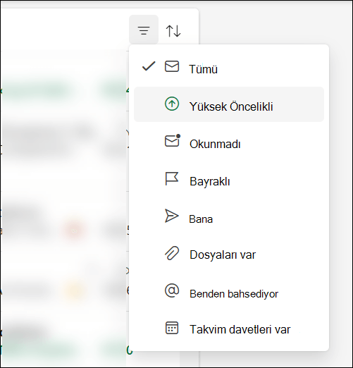 Outlook'ta Yüksek Önceliğin bir seçenek olduğunu gösteren ileti filtresi menüsü.