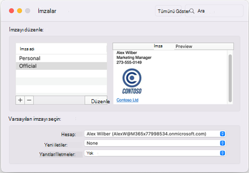 Mac için OutlookMac için Outlook Varsayılan İmzalar penceresi