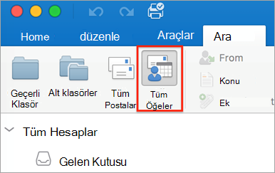 Ara sekmesindeki Tüm Öğeler düğmesini gösterir