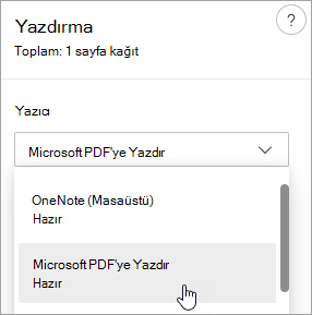 Microsoft PDF Olarak Yazdır seçimini gösteren ekran görüntüsü