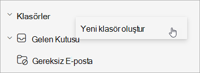 Klasör bölmesindeki Diğer seçenekler menüsünde seçilen Yeni klasör oluştur'un ekran görüntüsü