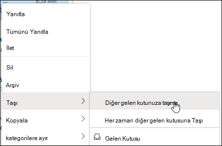 Diğer gelen kutusuna taşı ve Her Zaman Diğer gelen kutusuna taşı seçeneklerini içeren sağ tıklama menüsünü gösteren bir ekran görüntüsü.