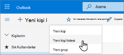 Yeni kişi listesi öğesinin seçili olduğu Yeni kişi menüsünün ekran görüntüsü