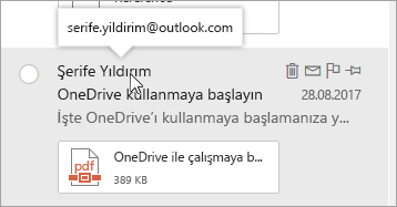 Gönderen adının üzerine gelen imlecin ekran görüntüsü